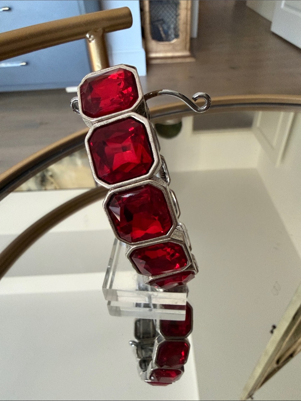 Red Gemstone Silver-Tone stretch Bracelet - Women's Fashion Jewelry